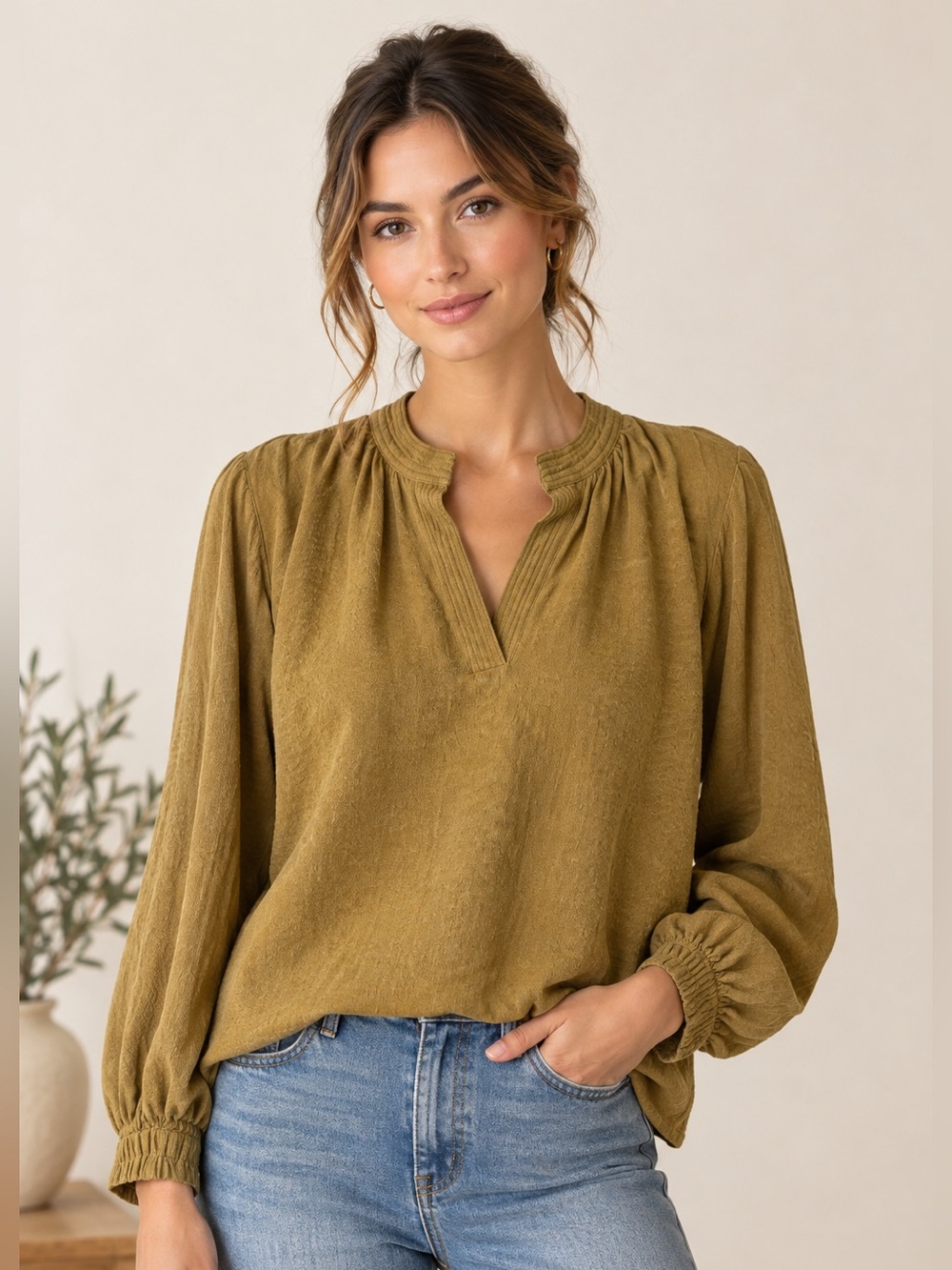 Cleobella 100% Cotton Tan Peasant Blouse Women’s Medium Boho Balloon Sleeve Top